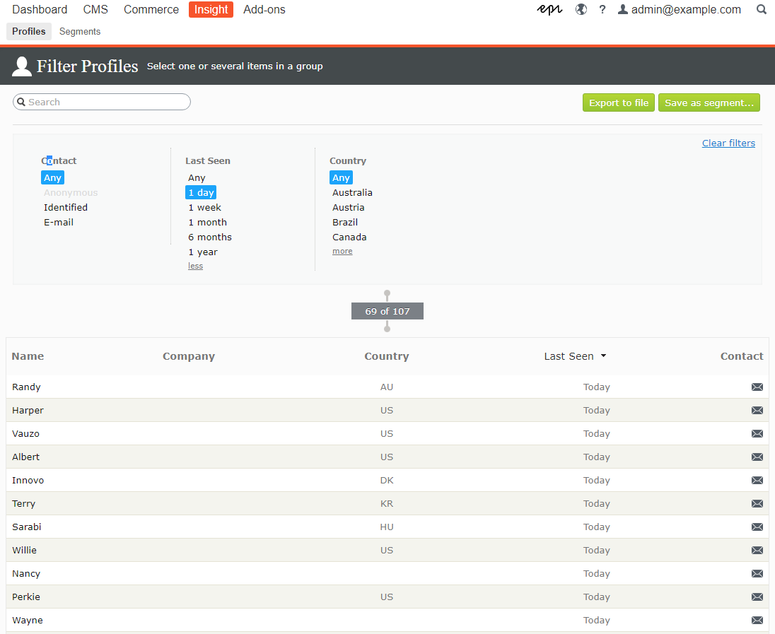 Image: Episerver Insight user interface overview
